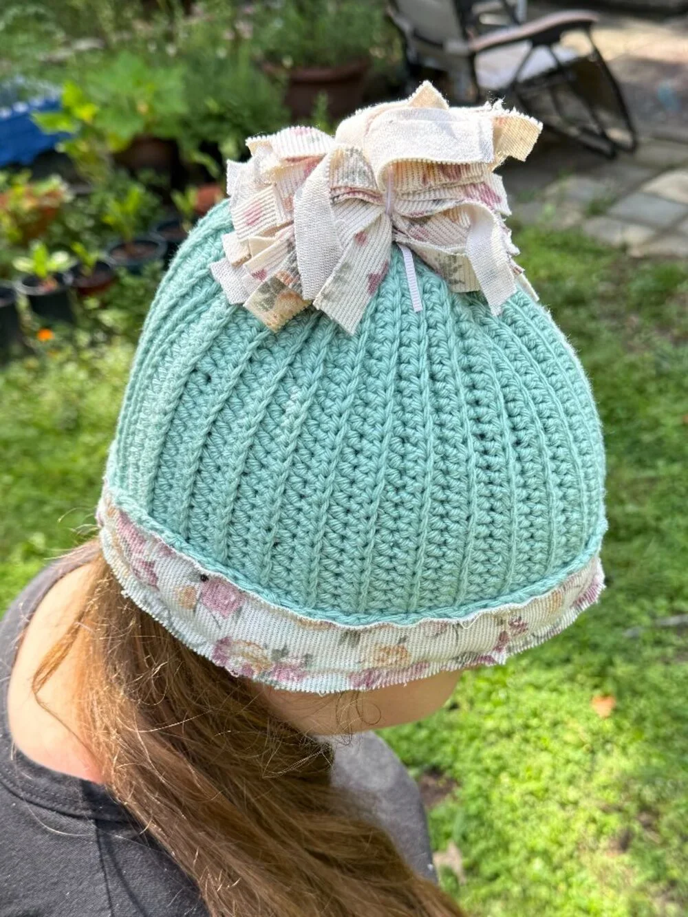 Hand-Crocheted Green Beanie Hat with Upcycled Floral Trim & Scrappy Pom-Pom
